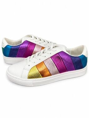 Kurt Geiger LondonStripe Sneakers Rainbow Metallic Leather Womens 8.5 EU 39 BNIB